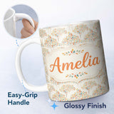 Personalized Custom Name Modern Colourful Leafy Trees Seamless Pattern on Light Background 11oz Ceramic Coffee Tea Mug White Large Handle