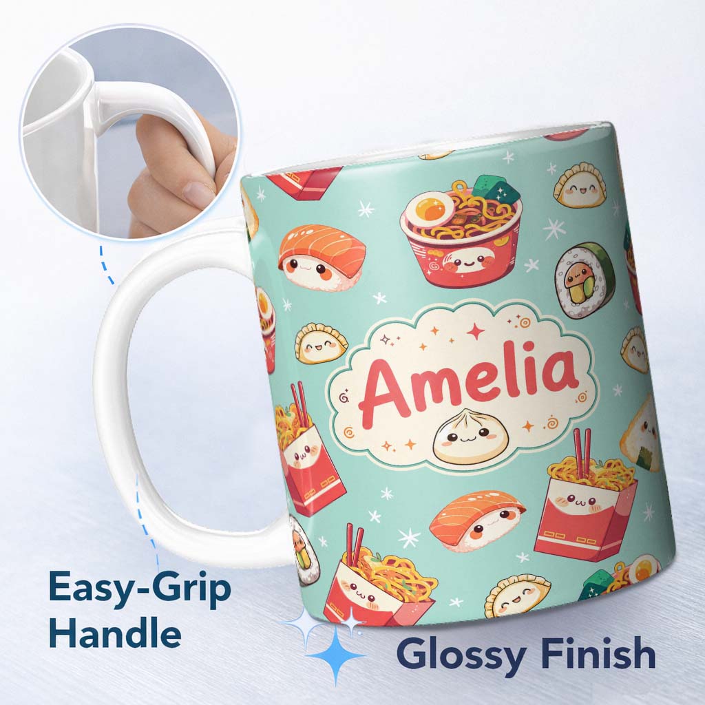 Personalized Custom Name Cute Kawaii Sushi Ramen Dumpling Food Mint Background Seamless 11oz Ceramic Coffee Tea Mug White Large Handle