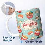 Personalized Custom Name Cute Kawaii Sushi Ramen Dumpling Food Mint Background Seamless 11oz Ceramic Coffee Tea Mug White Large Handle