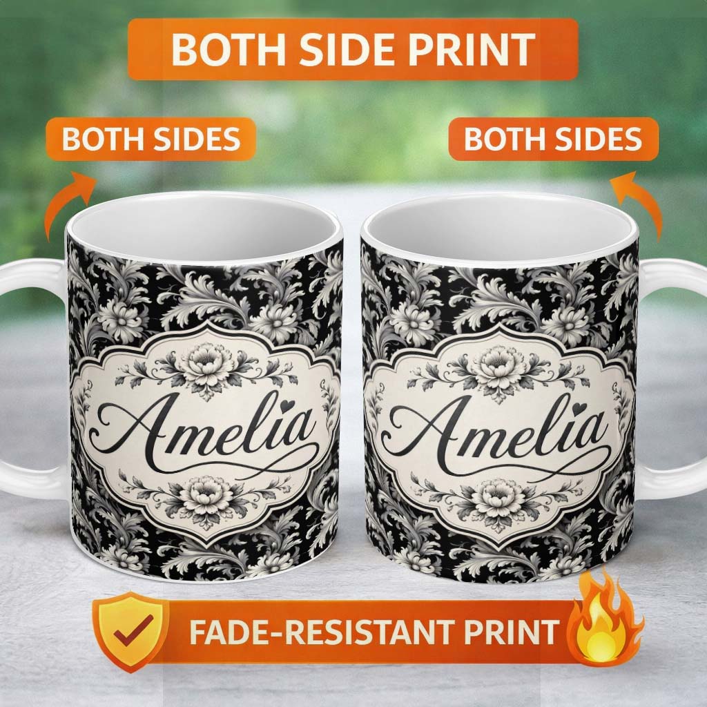 Personalized Custom Name Classic Black and White Vintage Floral Scroll Seamless Pattern 11oz Ceramic Coffee Tea Mug White Large Handle