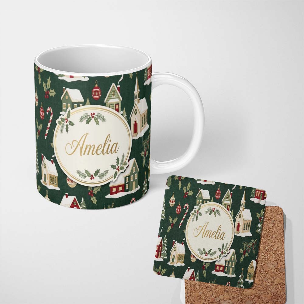 Personalized Custom Name Dark Vintage Christmas Village Houses Snowy Scene and Ornaments 11oz Ceramic Coffee Tea Mug White Large Handle