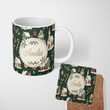 Personalized Custom Name Dark Vintage Christmas Village Houses Snowy Scene and Ornaments 11oz Ceramic Coffee Tea Mug White Large Handle