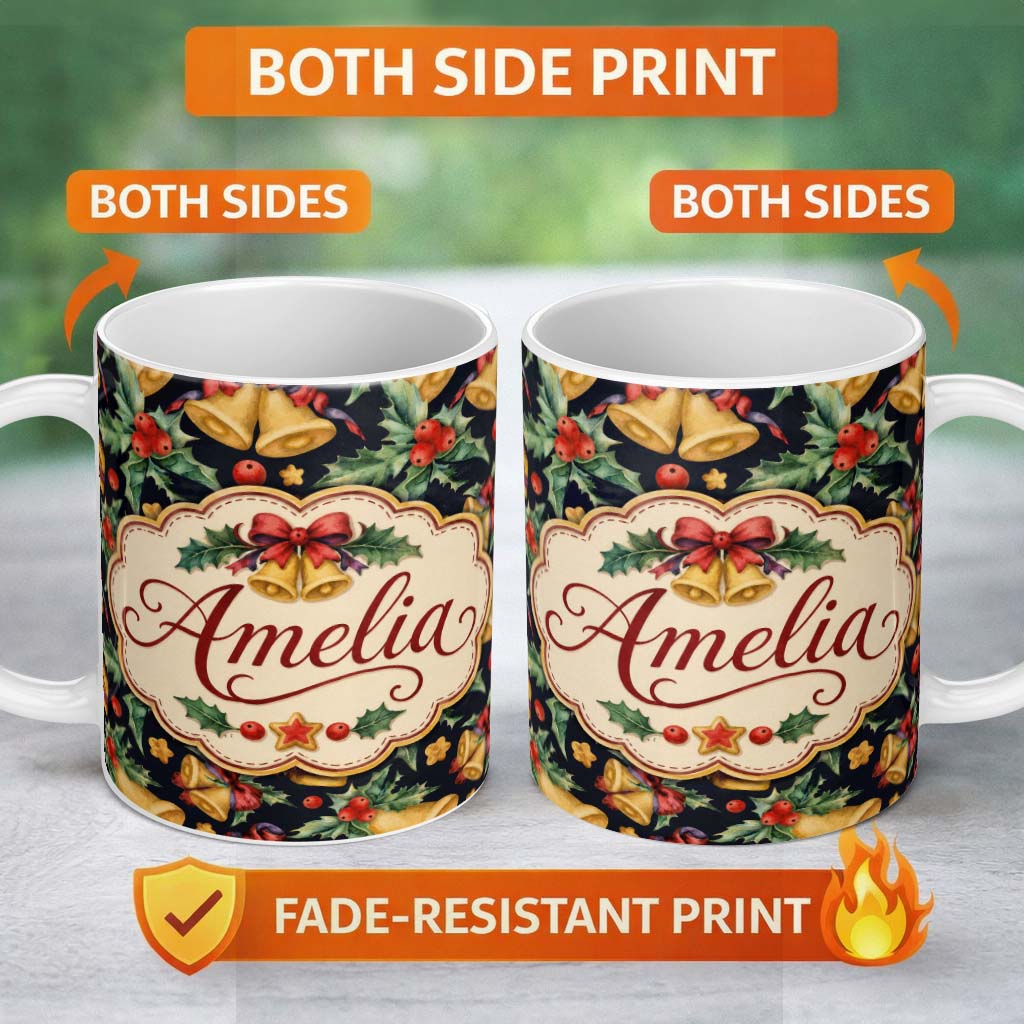 Personalized Custom Name Watercolor Festive Bells Holly Gift Ribbon Dark Seamless Pattern 11oz Ceramic Coffee Tea Mug White Large Handle