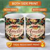 Personalized Custom Name Watercolor Festive Bells Holly Gift Ribbon Dark Seamless Pattern 11oz Ceramic Coffee Tea Mug White Large Handle
