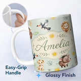 Custom Name Cute Safari Animals Lion Meerkat Toucan and Warthog with Sun and 11oz Ceramic Coffee Tea Mug White Large Handle