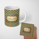 Personalized Custom Name Geometric Fan Pattern Teal Orange Symmetrical Seamless Design Lovely 11oz Ceramic Coffee Tea Mug White Large Handle