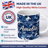 Personalized Custom Name Navy Blue Camouflage Layered Seamless Pattern Thoughtful Gift Idea 11oz Ceramic Coffee Tea Mug White Large Handle