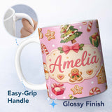 Personalized Custom Name Cute Gingerbread Man Christmas Tree Candy Cane Holiday Pattern Pink 11oz Ceramic Coffee Tea Mug White Large Handle