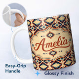 Personalized Custom Name Bold Geometric Navajo Diamond Pattern in Red Navy and Cream Lovely 11oz Ceramic Coffee Tea Mug White Large Handle