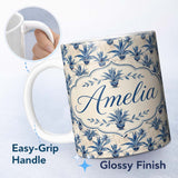Personalized Custom Name Blue Potted Plant Botanical Vintage Seamless Pattern Lovely 11oz Ceramic Coffee Tea Mug White Large Handle