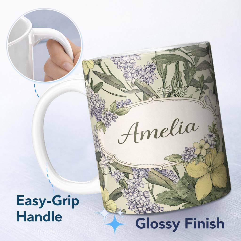 Personalized Custom Name Vintage Botanical Floral Illustration Seamless Pattern Lovely 11oz Ceramic Coffee Tea Mug White Large Handle