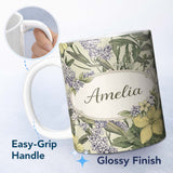 Personalized Custom Name Vintage Botanical Floral Illustration Seamless Pattern Lovely 11oz Ceramic Coffee Tea Mug White Large Handle