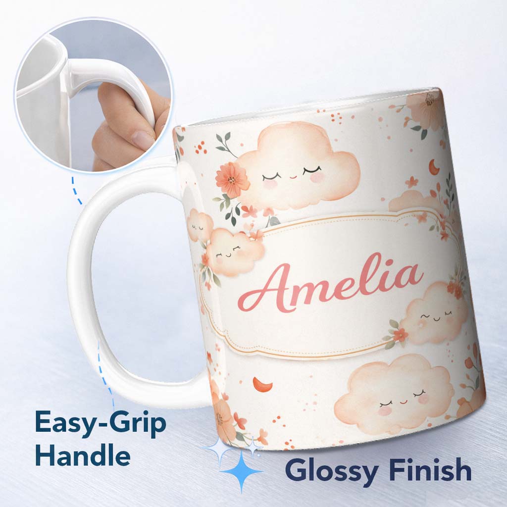 Personalized Custom Name Peach Cloud and Floral Dreamy Pattern Beautiful Coffee Cup Lovely 11oz Ceramic Coffee Tea Mug White Large Handle