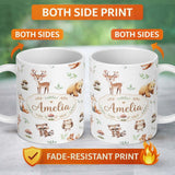 Personalized Custom Name Woodland Deer Bear Fox Owl Raccoon Leaves Mushrooms Light Grey 11oz Ceramic Coffee Tea Mug White Large Handle