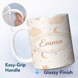 Personalized Custom Name Warm Neutral Moon Stars Clouds Nursery Seamless Pattern Lovely 11oz Ceramic Coffee Tea Mug White Large Handle