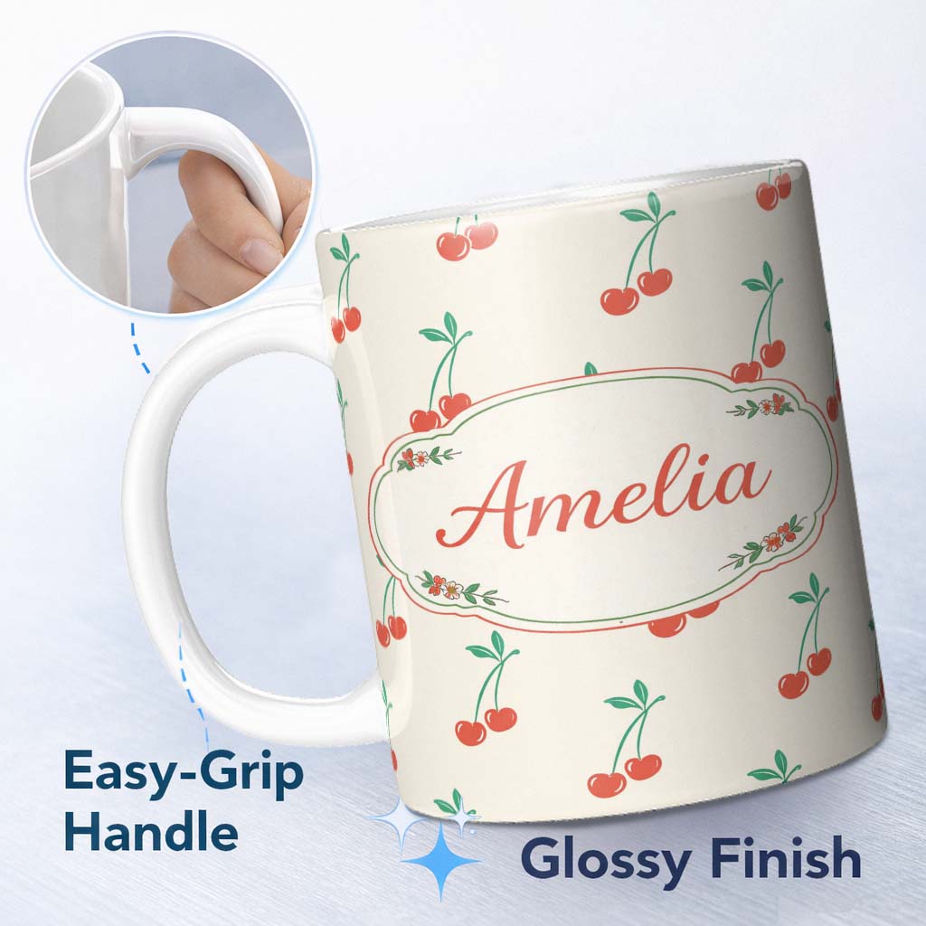 Personalized Custom Name Cute Cherry Fruit Minimal Seamless Pattern Stylish Everyday Mug 11oz Ceramic Coffee Tea Mug White Large Handle