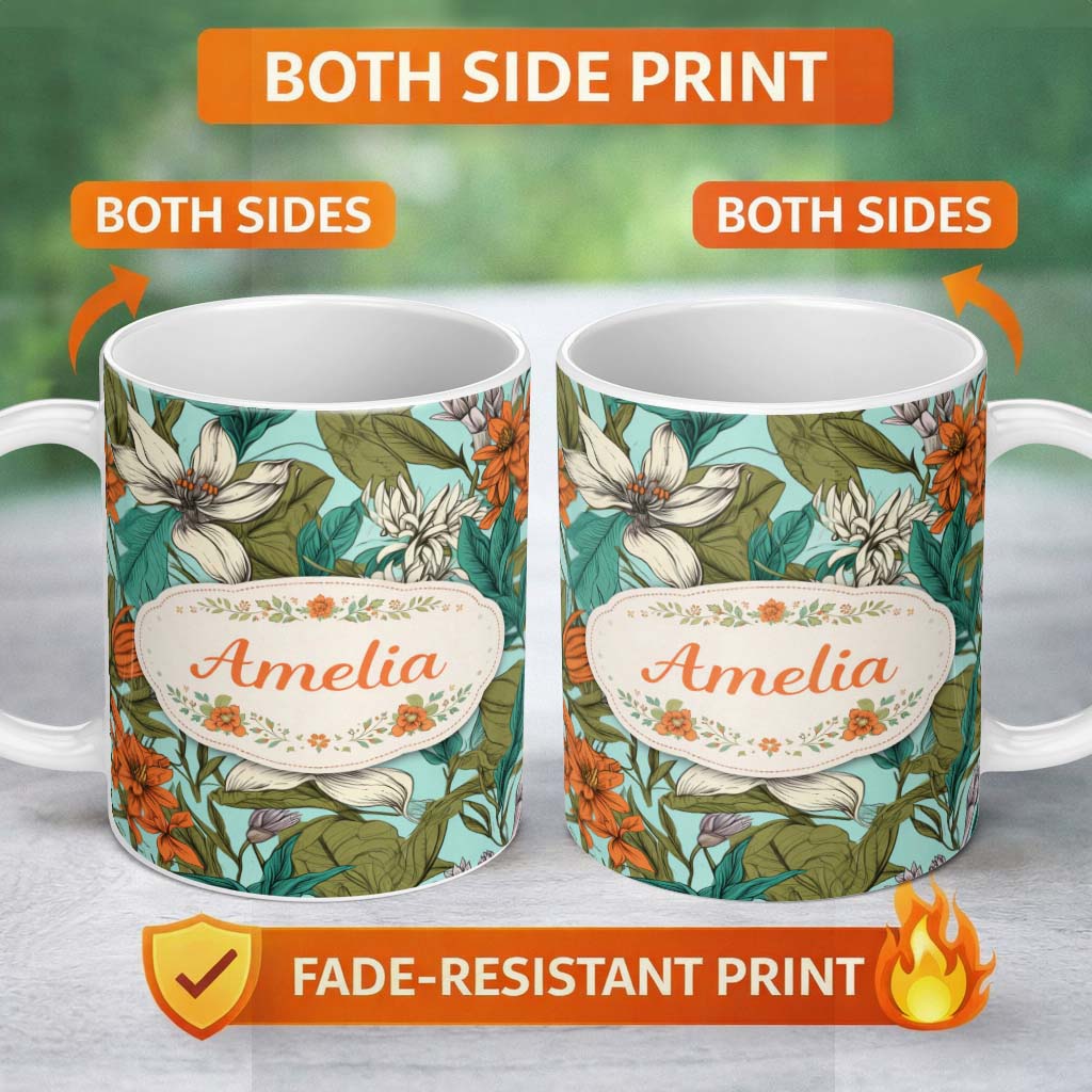 Personalized Custom Name Tropical Floral Leaves Blue Background Seamless Pattern Lovely 11oz Ceramic Coffee Tea Mug White Large Handle