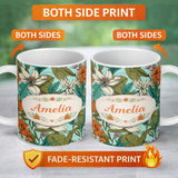 Personalized Custom Name Tropical Floral Leaves Blue Background Seamless Pattern Lovely 11oz Ceramic Coffee Tea Mug White Large Handle