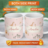 Personalized Custom Name Cute Safari Animals Giraffe Lion Zebra Parrot Pattern Blush Pink 11oz Ceramic Coffee Tea Mug White Large Handle