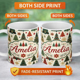 Personalized Custom Name Ornate Christmas Trees Snowflakes Stars Vintage Holiday Seamless 11oz Ceramic Coffee Tea Mug White Large Handle
