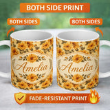 Personalized Custom Name Vintage Yellow Floral Botanical Seamless Pattern on Cream Lovely 11oz Ceramic Coffee Tea Mug White Large Handle