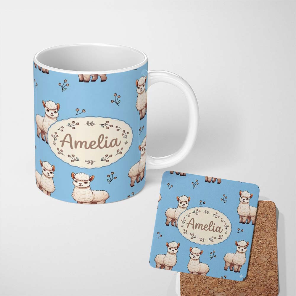 Personalized Custom Name Cute Alpaca Llama Pattern with Floral Sprigs on Bright Blue Lovely 11oz Ceramic Coffee Tea Mug White Large Handle
