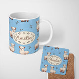 Personalized Custom Name Cute Alpaca Llama Pattern with Floral Sprigs on Bright Blue Lovely 11oz Ceramic Coffee Tea Mug White Large Handle