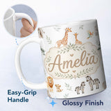 Personalized Custom Name Cute Safari Animals Giraffe Lion Zebra Parrot Pattern Light Grey 11oz Ceramic Coffee Tea Mug White Large Handle