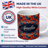 Personalized Custom Name Abstract Blue Orange Floral Artistic Seamless Pattern Lovely 11oz Ceramic Coffee Tea Mug White Large Handle