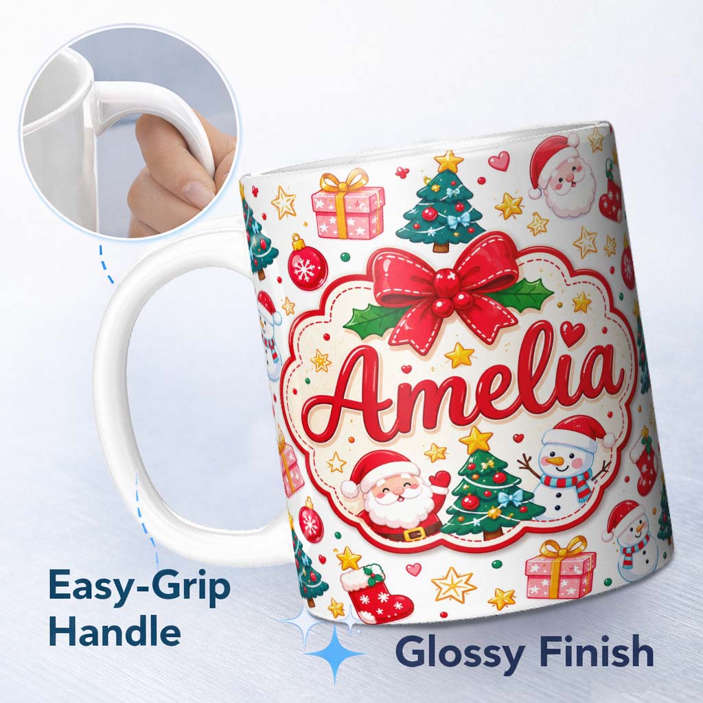 Personalized Custom Name Cute Christmas Tree Snowman Gift Box Ornament Seamless Pattern 11oz Ceramic Coffee Tea Mug White Large Handle