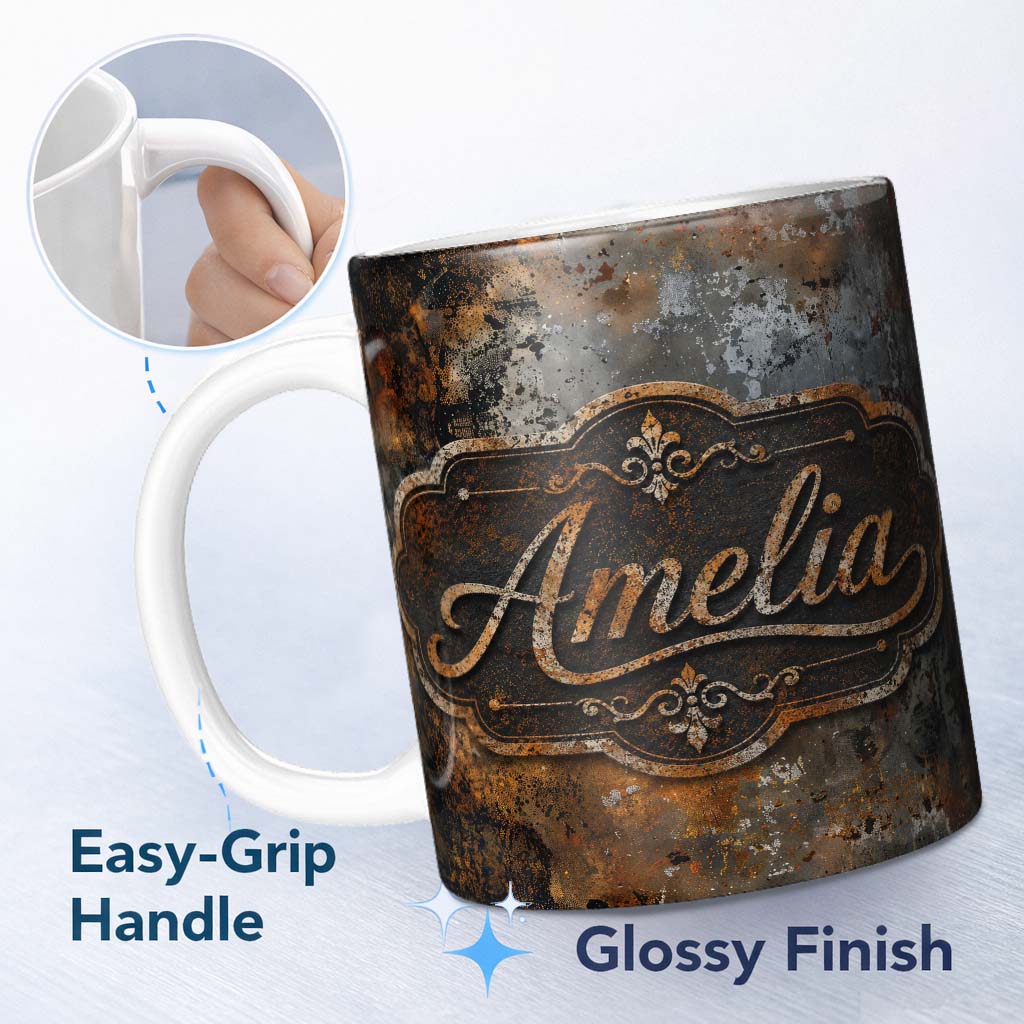Personalized Custom Name Blue Grey Rust Oxidation Texture Industrial Grunge Seamless Pattern 11oz Ceramic Coffee Tea Mug White Large Handle