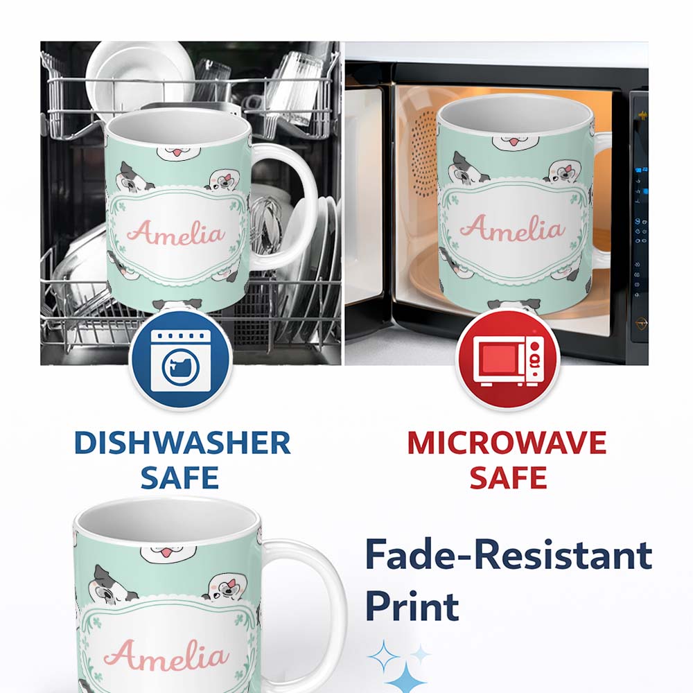 Personalized Custom Name Cute French Bulldog Faces Teal Background Seamless Pattern Lovely 11oz Ceramic Coffee Tea Mug White Large Handle