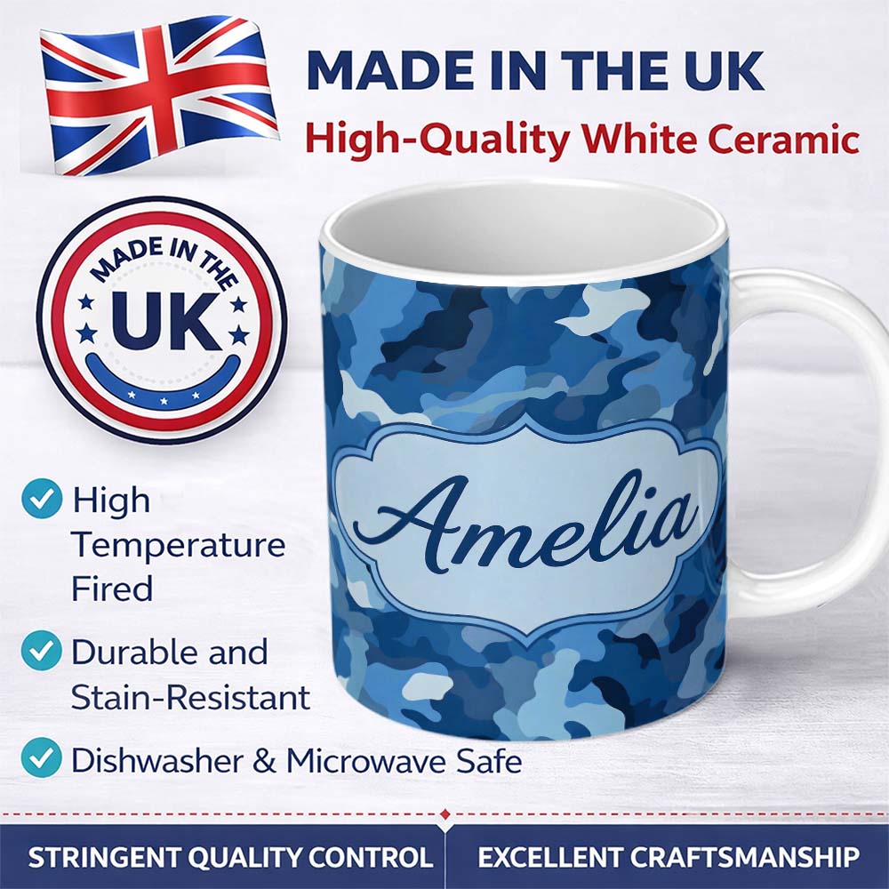 Personalized Custom Name Blue Tone Camouflage Abstract Modern Seamless Pattern Lovely 11oz Ceramic Coffee Tea Mug White Large Handle