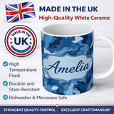 Personalized Custom Name Blue Tone Camouflage Abstract Modern Seamless Pattern Lovely 11oz Ceramic Coffee Tea Mug White Large Handle