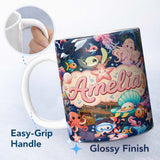Personalized Custom Name Cute Underwater Ocean Scene Mermaid Dolphin Turtle Treasure Dark 11oz Ceramic Coffee Tea Mug White Large Handle