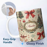 Personalized Custom Name Vintage Christmas Trees Red Bows Ornaments Seamless Pattern Lovely 11oz Ceramic Coffee Tea Mug White Large Handle