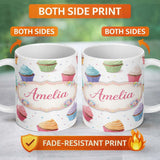 Personalized Custom Name Hand Drawn Cupcake Seamless Pattern Pastel Dessert Illustration 11oz Ceramic Coffee Tea Mug White Large Handle