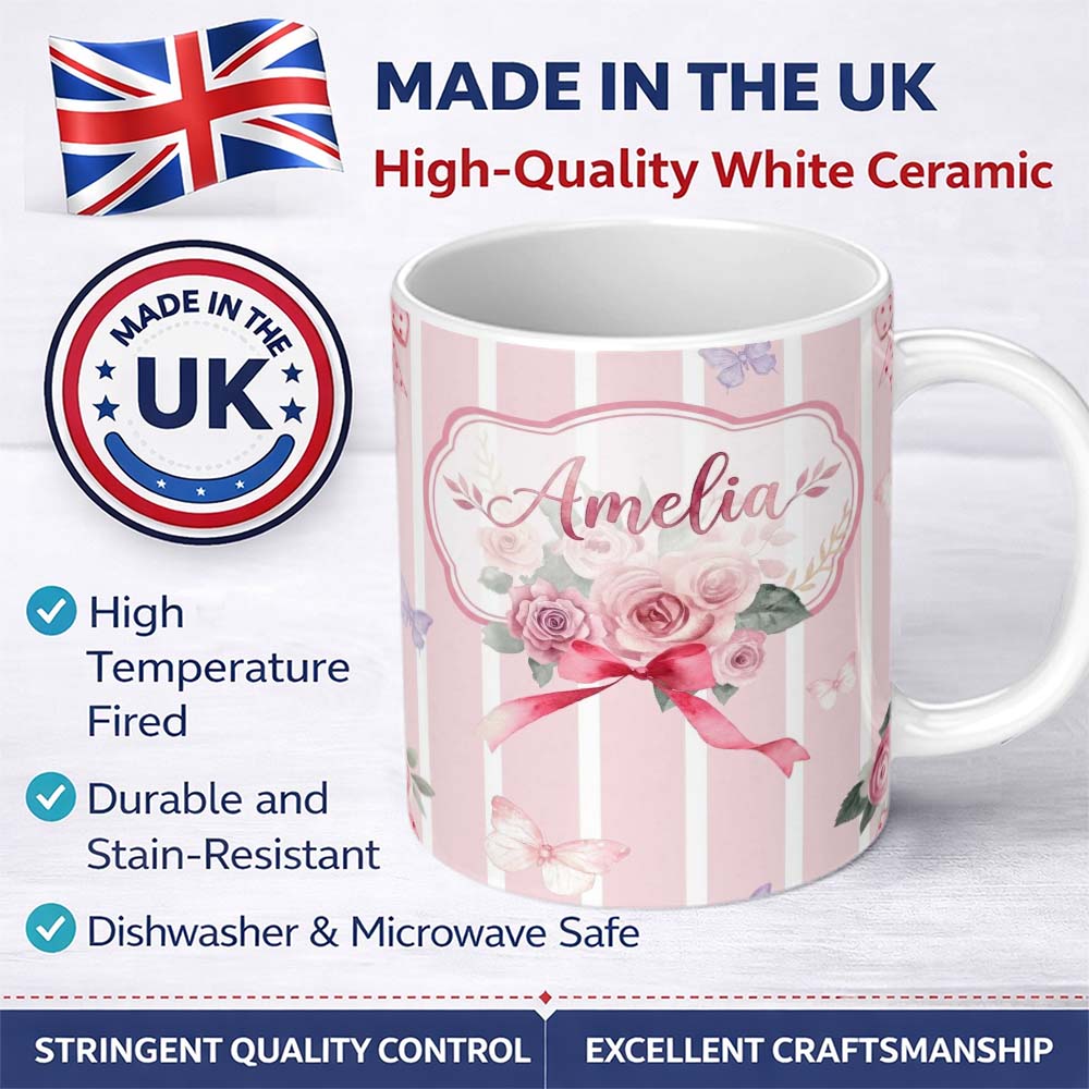 Personalized Custom Name Cute Watercolor Roses Bouquet with Red Ribbon Blush Pink Stripe 11oz Ceramic Coffee Tea Mug White Large Handle