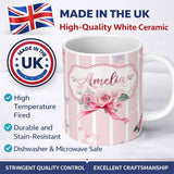 Personalized Custom Name Cute Watercolor Roses Bouquet with Red Ribbon Blush Pink Stripe 11oz Ceramic Coffee Tea Mug White Large Handle