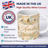 Personalized Custom Name Neutral Beige Tropical Palm Leaves Seamless Pattern Cute Unique Gift 11oz Ceramic Coffee Tea Mug White Large Handle