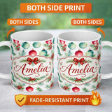 Personalized Custom Name Watercolor Christmas Baubles Pine Berry Greenery Seamless Pattern 11oz Ceramic Coffee Tea Mug White Large Handle