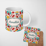 Personalized Custom Name Cute Gingerbread Wreath Bell Candy Cane Seamless Pattern Festive 11oz Ceramic Coffee Tea Mug White Large Handle