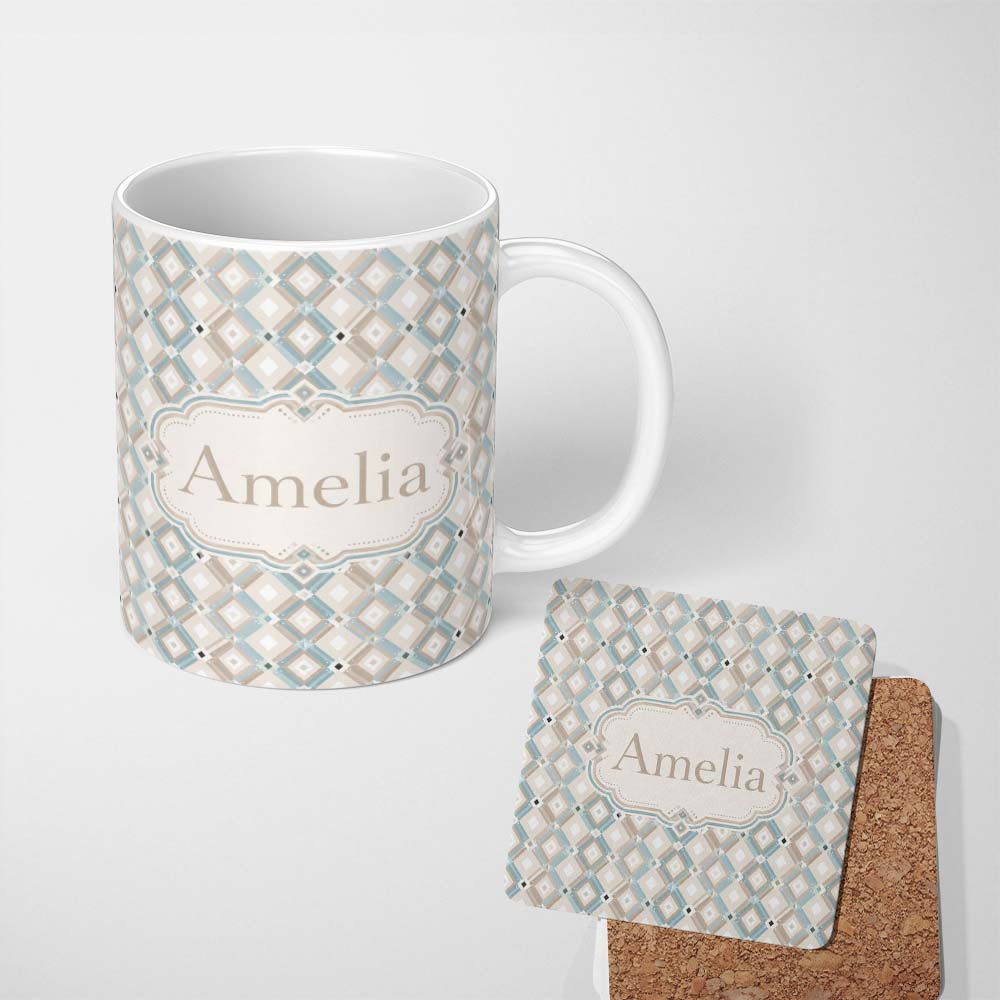 Personalized Custom Name Pastel Geometric Diamond Pattern Soft Neutral Tones Seamless Pattern 11oz Ceramic Coffee Tea Mug White Large Handle