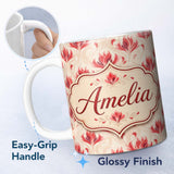 Personalized Custom Name Soft Red Floral Vine Cream Background Seamless Pattern Lovely 11oz Ceramic Coffee Tea Mug White Large Handle