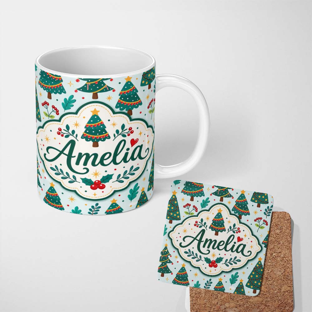 Personalized Custom Name Decorated Christmas Trees with Lights and Berries Festive Winter 11oz Ceramic Coffee Tea Mug White Large Handle