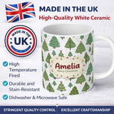 Personalized Custom Name Scandinavian Style Christmas Trees with Ornaments Cute Seamless 11oz Ceramic Coffee Tea Mug White Large Handle