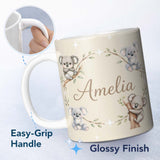 Personalized Custom Name Cute Baby Koala Bears with Stars on Soft Beige Background Seamless 11oz Ceramic Coffee Tea Mug White Large Handle