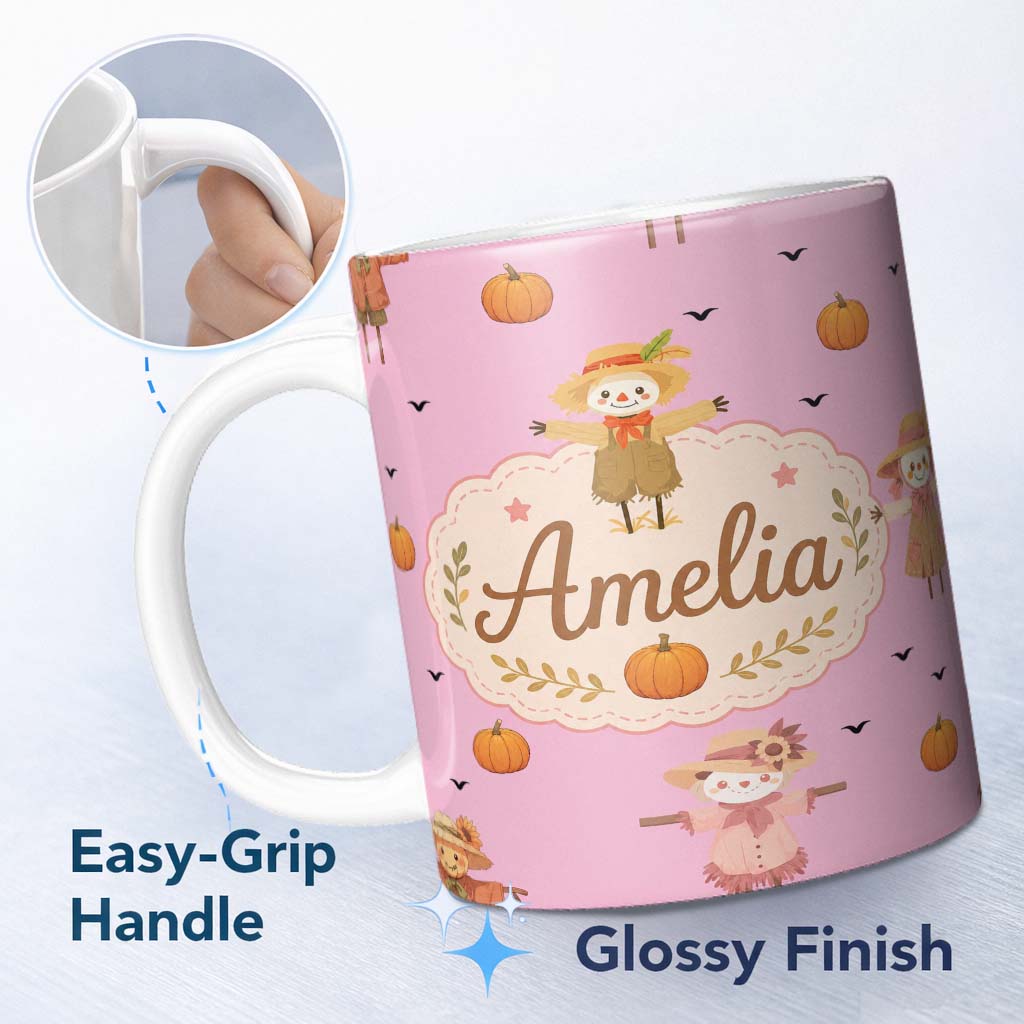 Personalized Custom Name Cute Autumn Scarecrow Pumpkin Birds Seamless Pattern Pink Background 11oz Ceramic Coffee Tea Mug White Large Handle