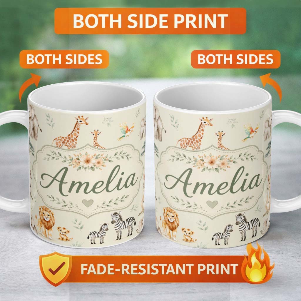 Personalized Custom Name Cute Safari Animals Lion Giraffe Zebra Elephant Pattern Beige Lovely 11oz Ceramic Coffee Tea Mug White Large Handle