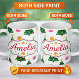 Personalized Custom Name Cute Christmas Tree Gift Box Festive Seamless Pattern  11oz Ceramic Coffee Tea Mug White Large Handle